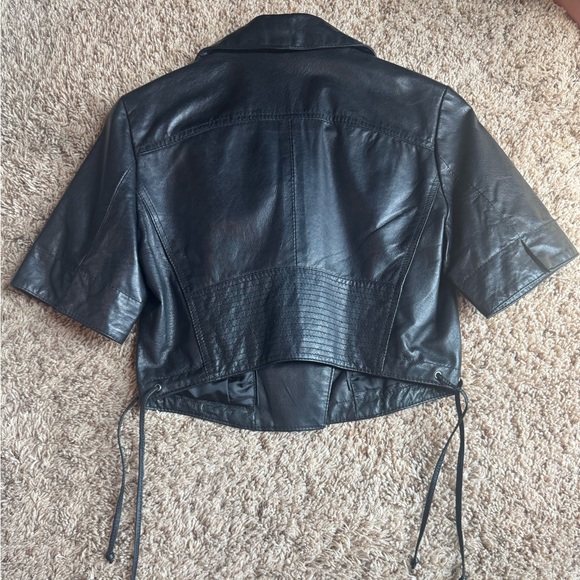 Women's Black Crop Leather Jacket - Picture 2 of 5